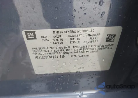 2014 Chevrolet Malibu 1Lt из США, поврежденный, VIN 1G11C5SLXEF211316